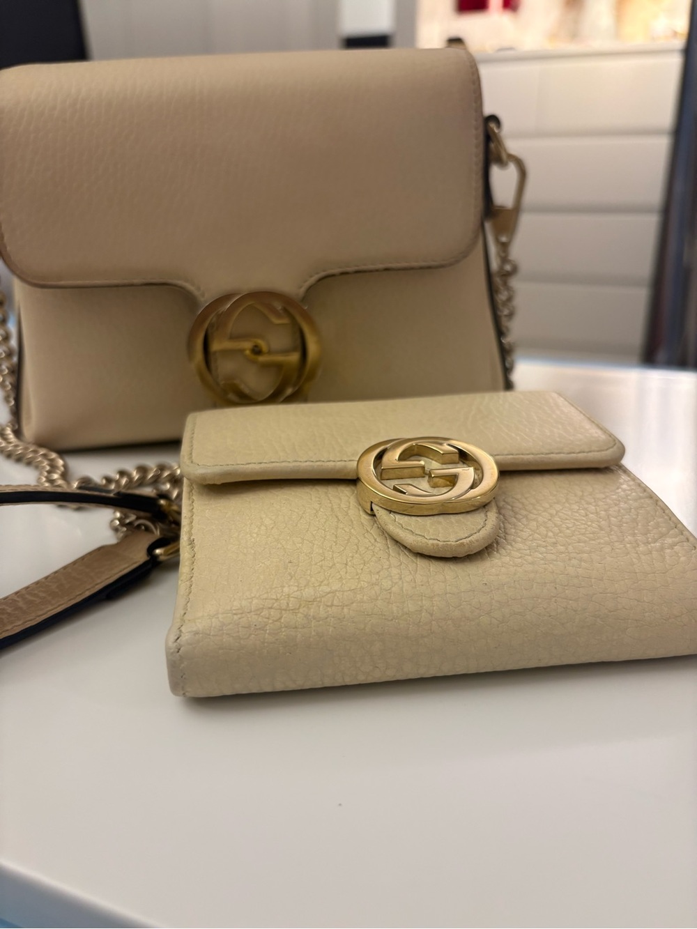 Gucci Cream Leather Mini Shoulder Bag and Card Wallet with Gold GG